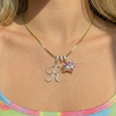 Imagem de Colar de coração rosa Y2K Saturno inicial R, corrente de cobra banhada a ouro 18K, joia estética coquete para mulheres e meninas, presente diário moderno, 18"+2" extend, Metal, Sem Pedra Preciosa