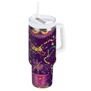 Imagem de Blueangle Copo isolado de contas de carnaval de 1,134 g com alça e tampa de palha, caneca de viagem reutilizável de aço inoxidável (350)