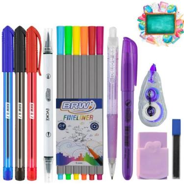 Imagem de Kit Escolar 15 Itens - Canetas - Marca-texto - Corretivo - Lapiseira -