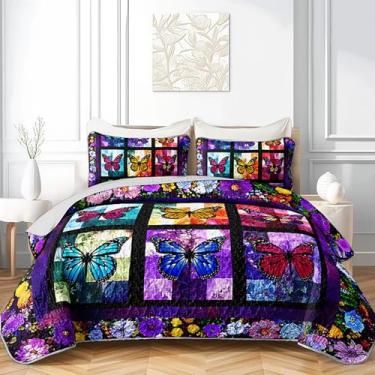 Imagem de QOOMO Conjunto de colcha de borboleta de desenho animado, conjunto de colcha de cama com estampa de flores, conjunto de cama colorido de 3 peças, colcha com 2 fronhas, macio e leve, tamanho casal