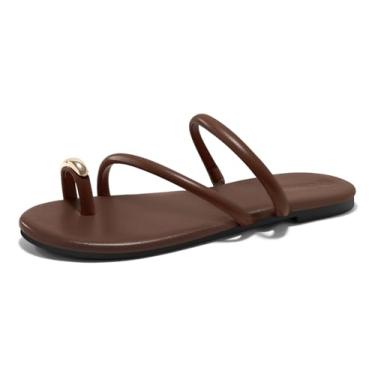 Imagem de Coutgo Sandálias femininas rasteiras com tiras quadradas, bico aberto, chinelos, anel, dedo do pé deslizante, sapatos sociais de verão, Café, 37