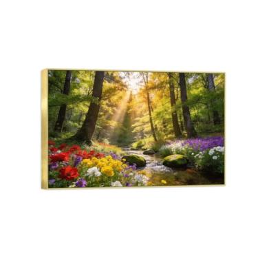 Imagem de BMZFYBS Impressão em tela de paisagem pronta para pendurar - flores da floresta-pintura de arte de parede - decoração de casa moderna imagem moldura dourada 20 x 30 cm 8 x 12 pol