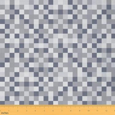 Imagem de Tecido estilo Pixel Grid para decoração, tecidos de costura estéticos modernos para decoração de quarto e estofamento, videogames de grade geométrica, artesanato, à prova d'água, cinza, 3 metros, 274