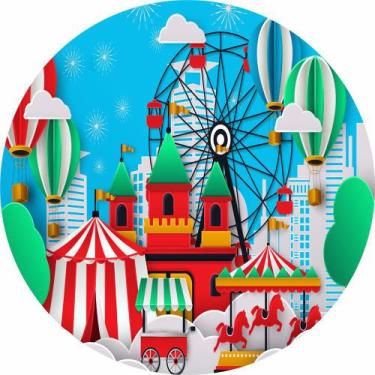 Imagem de Painel de Tecido Sublimado Redondo Parque de Diversões Balões e Fogos 