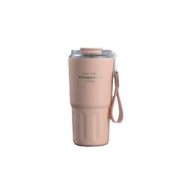 Imagem de Copo Térmico Café Vácuo Inoxidável 600Ml Canudo Alça - Rosa - Mhr