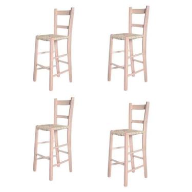 Imagem de Kit 4 Banquetas de Palha com Encosto de Madeira - Floresta Carpintaria
