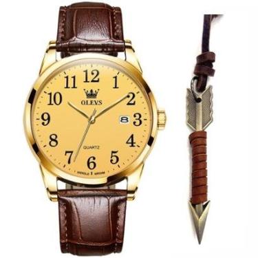Imagem de Kit Relógio Masculino Olevs Pulseira Couro + Colar Flecha-Masculino