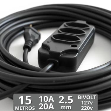 Imagem de Extensão Eletrica 15 Metros Reforçada Pino Grosso 20a E 10a 03 Tomadas