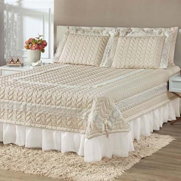 Imagem de Kit Cobre Leito Colcha Romance Queen 5 Peças Micropercal 200 Fios Matelado Costurado Renda - Palha