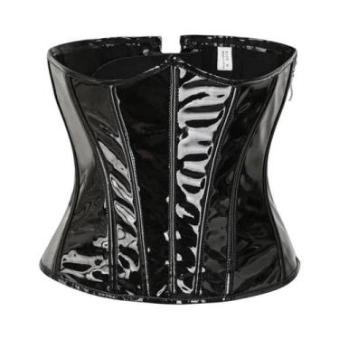Imagem de Corset Preto E Vermelho Brilhante De Couro PVC, Top Steampunk, Bustier