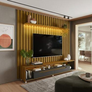 Imagem de Painel Ripado com Led London 222cm e Rack Loop com Rodízios Tv 70 Polegadas – Olivar Móveis Preto Cedro/ Preto