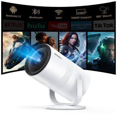Imagem de Projetor Portátil WISHOLY Cor 4 Android 12 Foco Elétrico Keystone Automático Rotação 180° 1080P Suporte 4K WiFi 6 Bluetooth