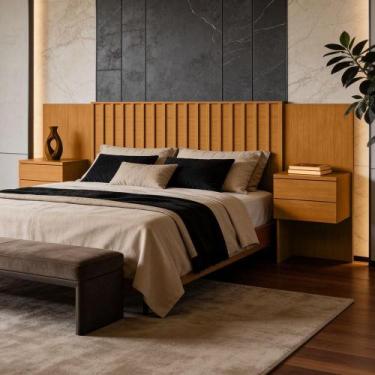 Imagem de Cabeceira de Madeira Para Cama Box Casal Queen King com Mesas Laterais