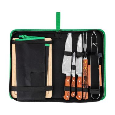 Imagem de Kit Churrasco Palisad 7914955 Preparar Carnes Aço Inoxidável Alças Madeira Caixa Resistente para Grelha Inox