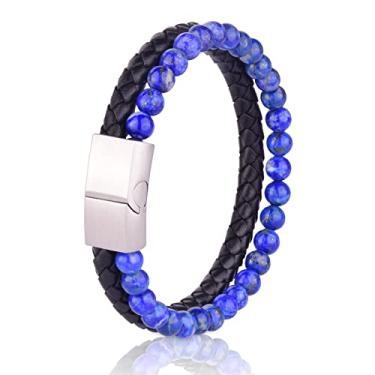 Imagem de Pulseira de miçangas de couro, pulseira de edição de camada dupla, fivela magnética de lápis-lazúli 3mm