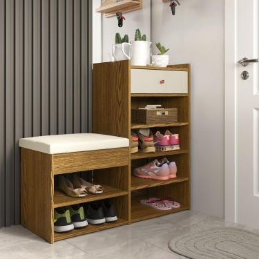 Imagem de Sapateira E Banco Hall Com 1 Gaveta Cumaru com OffWhite Rede Móveis