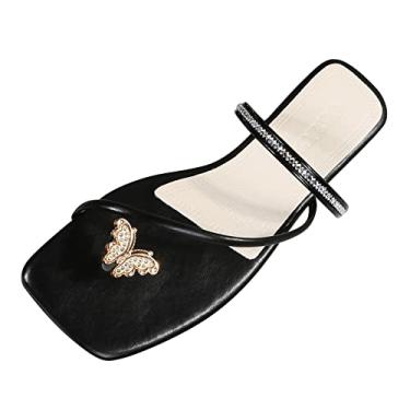 Imagem de Sandálias para mulheres elegantes de verão chinelos rasos chinelos de dedo conjunto de borboletas sandálias de dedo do pé conjunto de sandálias de tira plana casual, Azul, azul marinho, 7