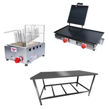 Imagem de Kit Lanchonete Mesa de Manipulação 120x55cm + Fritadeira a Gás 1 Cuba + Chapa a Gás 60cm Alcamar