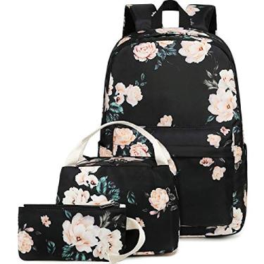 Imagem de Bluboon Conjunto de mochila escolar para meninas e mulheres, bolsa de livros, casual, para laptop de 15 polegadas com lancheira e bolsa de lápis, E0066 Preto, 12*6.5*17 inch, 12 Meses
