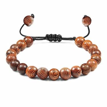 Imagem de Pulseiras trançadas de madeira natural de 8 mm masculinas ajustáveis meditação pedra pulseira feminina joias de oração pulseira de ioga casa (trançado 1)