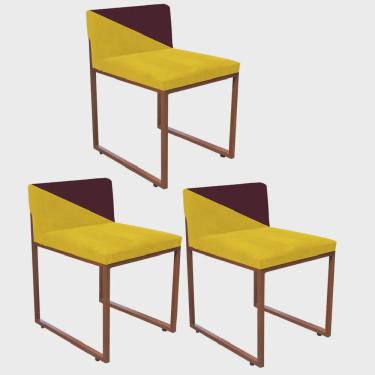 Imagem de Kit 03 Cadeira Office Lee Duo Sala de Jantar Industrial Ferro Bronze Suede Amarelo e Bordô - Ahazzo Móveis