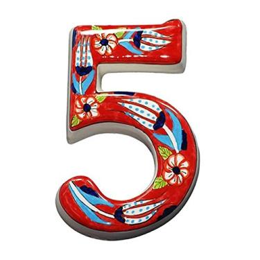 Imagem de Número de placa de cerâmica pintada à mão 3D de 12,7 cm, placa de porta flutuante, números de portão numeral 0-9, etiqueta de endereço, vermelha, à prova de intempéries, durável