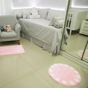 Imagem de Tapete De Banheiro Quarto Kids Infantil Algodão Redondo Vizapi Flower 60cm Rosa Claro Branco