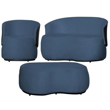 Imagem de Kit 1 Poltrona 1 Namoradeira e 1 Puff Grande Decorativo Estilo Orgânico Beatriz Suede Composê Corino Preto - Estopar