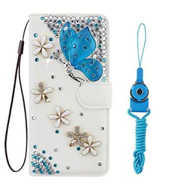 Imagem de HFICY Capa de telefone feminina com 2 peças de protetor de tela de vidro e 2 cordões brilhantes diamantes cristais carteira de couro capa feminina (borboleta azul, para iPhone 6/6S)