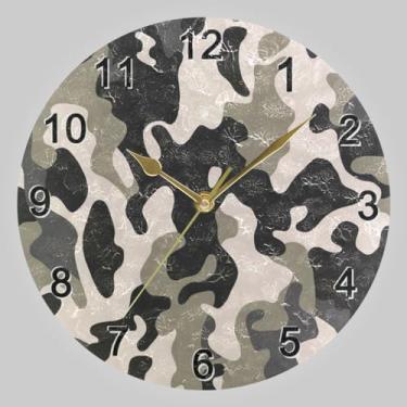 Imagem de CHIFIGNO Relógio redondo camuflado cinza preto, relógios de parede suspensos, relógios de parede, operados por bateria, 25 cm, decorativos, para sala de estar, relógios de parede