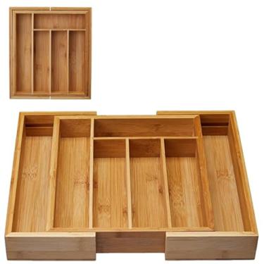 Imagem de Porta Talheres Bambu Grande Extensível Ajustável Gaveta 5 Divisórias