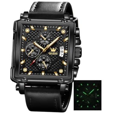 Imagem de OLEVS Relógio masculino de quartzo multifuncional, cronógrafo, moderno, casual, de couro, à prova d'água, luminoso, luxuoso, quadrado, de pulso, Couro preto, rosto preto