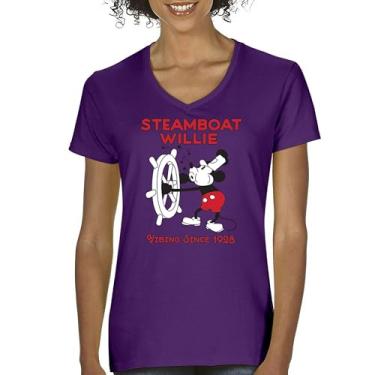 Imagem de Camiseta feminina Steamboat Willie Vibing Since 1928 gola V icônica retrô desenho mouse atemporal clássica vintage Vibe, Roxa, GG