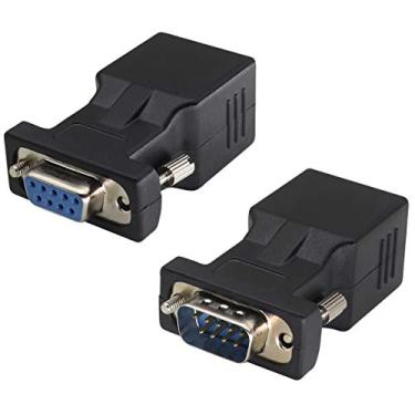Imagem de AAOTOKK Pacote com 2 extensores DB9 para RJ45 - macho e fêmea - porta serial de 9 pinos para adaptador de rede LAN Ethernet - vídeo multimídia e extensão de distância de transmissão - compatível com