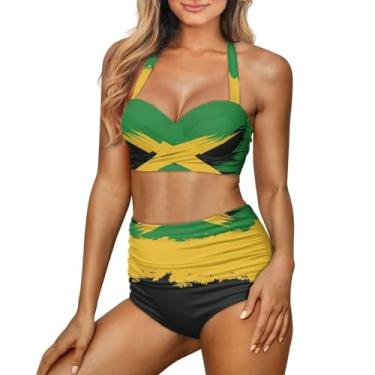 Imagem de Eheartsgir Biquíni feminino, duas peças, acolchoado, frente única, biquíni, cintura alta, tamanho P-2GG, Bandeira jamaicana, G