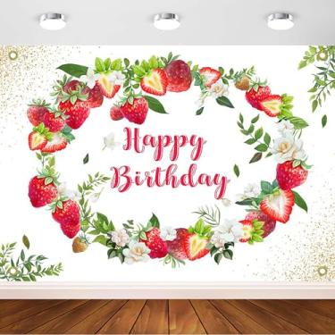 Imagem de Avezano Pano de fundo de morango feliz aniversário para meninas, guirlanda de morango, decoração de festa de aniversário, baga, doce, aniversário, material de festa de morango para meninas (2,1 x 1,5