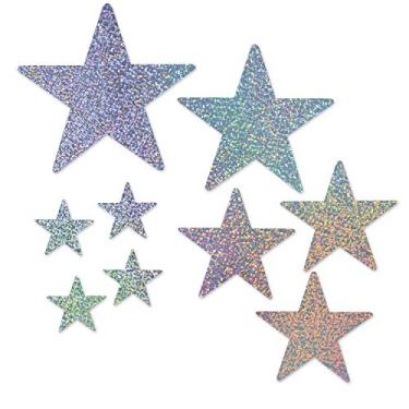 Imagem de Beistle Recortes de estrela cintilantes 9 peças decorações de véspera de ano novo prêmios decoração de festa noturna decoração de parede, 12,7 cm - 38,1 cm, prata