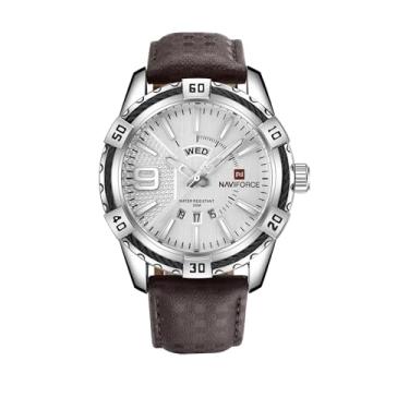 Imagem de Relógio de Pulso com Pulseira de Couro, Resistente à Água até 30m, Mostrador Branco, Dia da Semana, Números Grandes