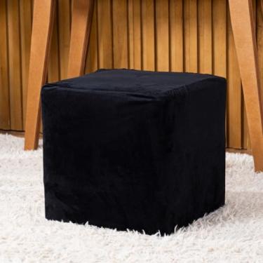 Imagem de Capa de Puff Quadrado Avulsa Lisa Ajustável com Elástico - Tecido Veludo Suede Decoração Banquinho Luxo Para Sala Quarto Pufe Banco Protetor Banqueta Centro (Preto)