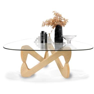 Imagem de Mesa de centro de vidro moderna de meados do século, mesa de centro de triângulo transparente com base de madeira, mesa central de vidro abstrata (madeira transparente, 90 cm)