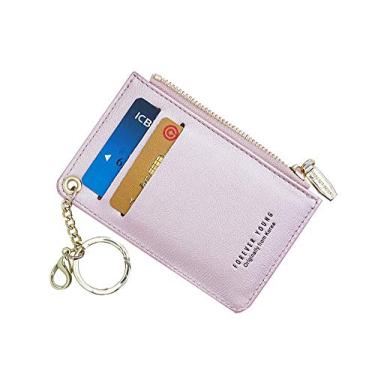 Imagem de Carteira pequena feminina de couro fina com porta-cartões e porta-moedas com chaveiro, Rosa perolizado, P