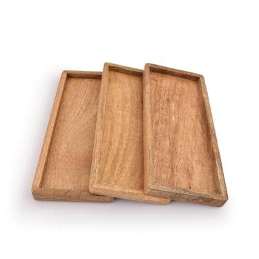 Imagem de Samhita Bandeja de servir de madeira de manga com borda elevada - Conjunto de 3 para exibição de petisco de frutas petisco de sushi decorativo (30,48 x 12,7 cm x 1,91 cm)