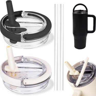 Imagem de Pacote com 2 tampas de copo de substituição de 1,134 g para Stanley Quencher, tampas de copo resistentes a respingos à prova de vazamento com alça, tampa reutilizável para copo Stanley (preto + branco