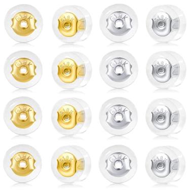 Imagem de Brinco de ouro 18K para pregos, 16 peças confortáveis de silicone para orelhas caídas, substituições de brinco hipoalergênico seguro para adultos e crianças