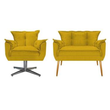 Imagem de Kit Namoradeira e Poltrona Opala Base Giratória de Metal Suede Amarelo