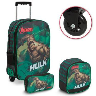 Imagem de Kit Mochila Escolar Rodinha Hulk Lancheira Estojo Tam G - Plike