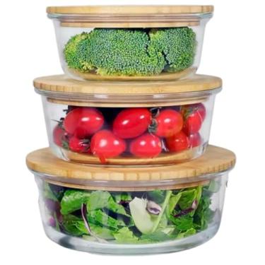 Imagem de Travessas Refratarias Redonda Kit 3 Tamanhos Potes Multiuso Com Tampa Hermetica Organização Cozinha Resistente Forno Freezer