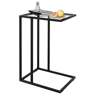 Imagem de Mesa de canto de vidro C, mesa lateral de sofá, mesa lateral de lanche de vidro temperado com moldura de metal, bandeja de TV para pequenos espaços, mesa lateral de sofá e mesa lateral de cama (preto)