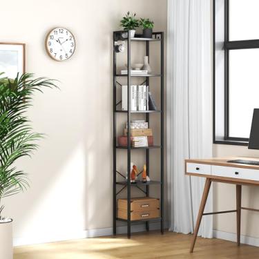 Imagem de ZERDER Estante de livros de 6 camadas, estante com 6 prateleiras e 2 ganchos, organizador de rack de armazenamento, prateleira de armazenamento de madeira de canto com moldura de metal (preto)