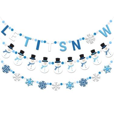 Imagem de Doumeny 3 peças deixe nevar guirlanda de feltro de natal banner de bola de feltro de inverno guirlanda de floco de neve estamenha boneco de neve azul pendurado guirlanda de natal pom pom gui